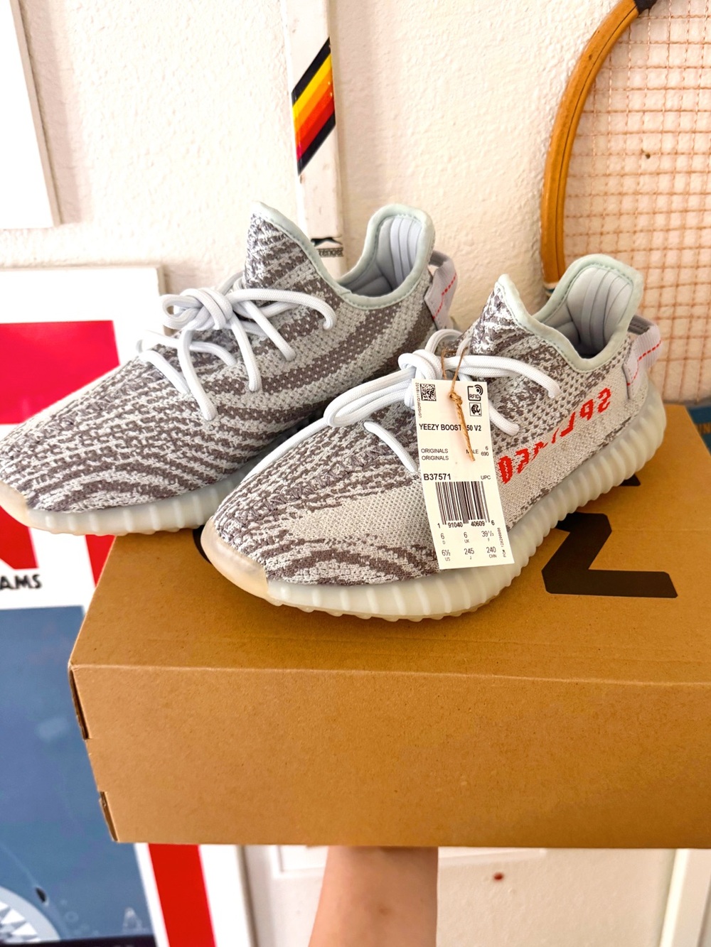 Yeezy Boost 350 V2 Zebra-Style Grey and White Sneakers with Red Stripe